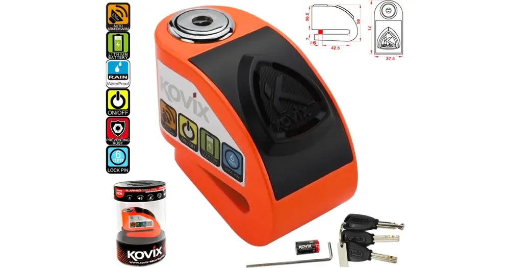 Jarrusatulan lukko, 6 mm tappi, 120 dB hälytin, neonoranssi, KOVIX KD6 Sertifioitu